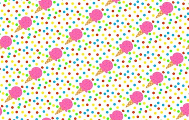 Vanilla, strawberry and chocolate flavored ice cream desert flat design seamless pattern illustration with assorted toppings cartoon doodle style for fabric, picture label, wallpaper, banner, poster.