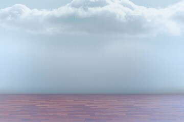 Flat design minimalist studio showing parquet floor against blue wall with cloud motif, copy space