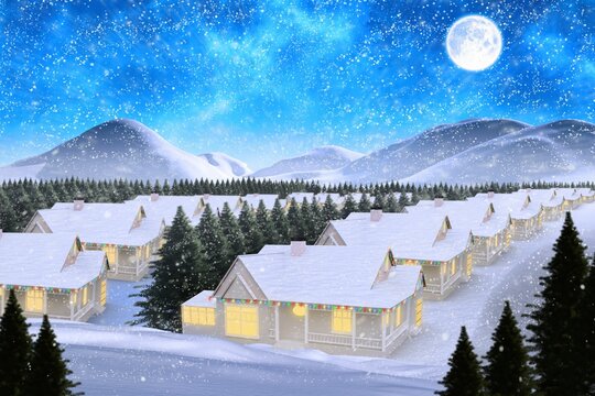 Fototapeta Row of snow-covered cabins is glowing under moonlit sky in flat design with festive string lights