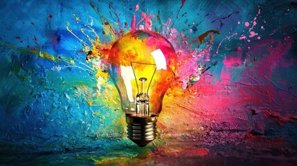 A colorful light bulb with a vibrant splash of colors on a textured, colorful background.