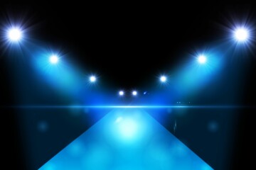 Fototapeta premium 3D render showing glossy blue runway stage reaching viewer with spotlights casting lens flares
