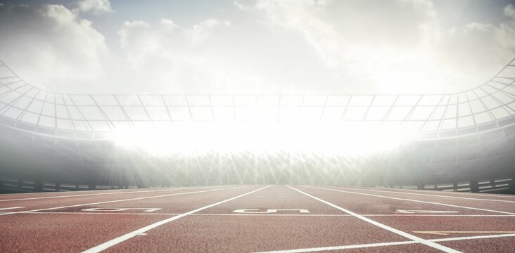 Fototapeta Red track lanes are stretching toward stadium in flat design with white lane markers under lights