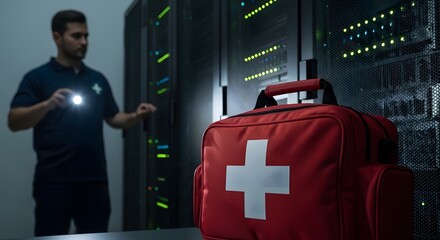 A focused technician inspects server equipment in a dimly lit data center with a first aid kit nearby ensuring workplace safety
