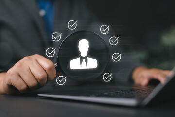 A person finding and searching for a job interview via online websites or Manager select human resources recruiting. Effective team management and recruitment, training, hiring, performance.