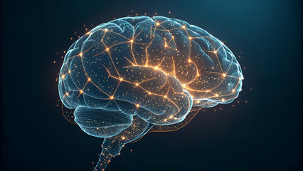 Side‑view human brain shape formed from small digital particles and glowing lines, PNG format isolated on transparent background, ideal AI ML neural network technology abstract asset visual
