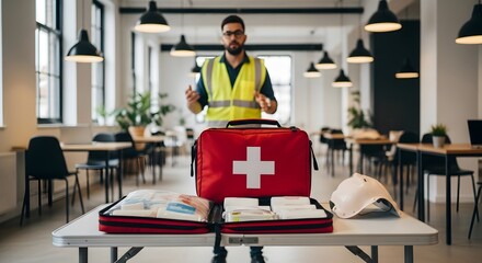 Workplace First Aid Training Safety Red Kit Open Box Instructor Worker