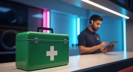 Green First Aid Kit on Counter Near Technician Using Tablet