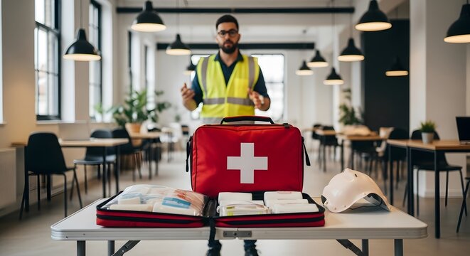 Workplace First Aid Training Safety Red Kit Open Box Instructor Worker