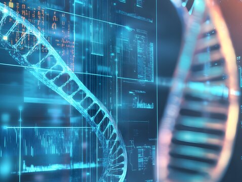 Abstract DNA strand with tech interface overlay, biotech fusion, high-contrast lighting and motion blur.
