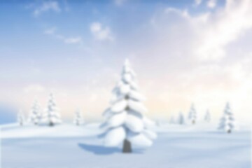 Winter scene featuring snow-laden conifer trees on rolling hills under pastel sky, flat design