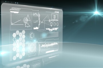 Floating holographic interface panel in space, showing line graphs, hex-grid, gauges in 3D render