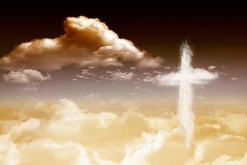 Cross-shaped cloud is rising above cloud mass and puffy clouds under sunrise sky in flat design