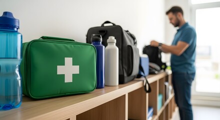 Essential First Aid Kit Ready for Travel Adventure with Water Bottles and Bags