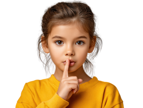 Little Girl's Quiet Gesture: A young girl with her finger held up to her lips, a universally recognized symbol for silence and serenity, offering a captivating moment of poise. 