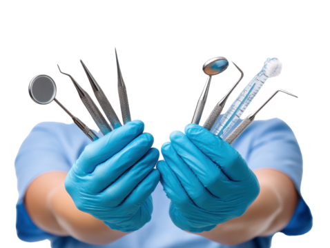 Dental Precision: A gloved medical professional presents an array of meticulously crafted dental tools, poised for a procedure, symbolizing dental care and oral health. 