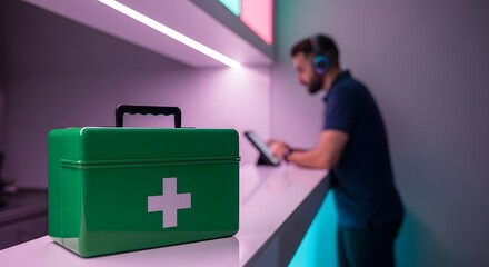 Green First Aid Kit on Counter near Man using Tablet in Modern Office