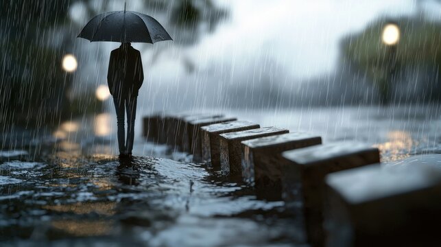 A person walking in the rain with an umbrella, standing on a wet sidewalk with a row of stone blocks in the foreground. - Powered by Adobe