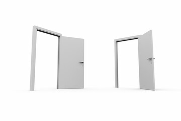 Fototapeta premium Flat design illustration is showing two open door frames with metallic handles on white surface