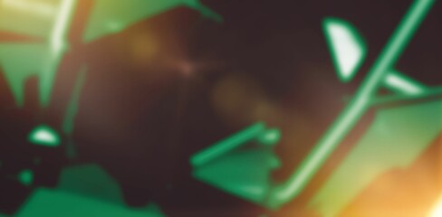 Abstract neon-green beams are forming angular frames in blurred studio with orange-yellow flares