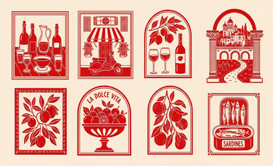 Collection of eight Italy-themed illustrations with "La Dolce Vita" text