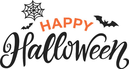 Happy Halloween Orange Calligraphy with Spiderweb and Bats Clipart