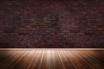Flat design illustration is showing exposed red brick wall with wooden plank floor glowing softly