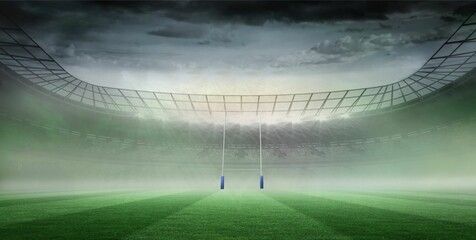 Rugby goalposts are standing on foggy green pitch in flat design, with floodlights and roof grid