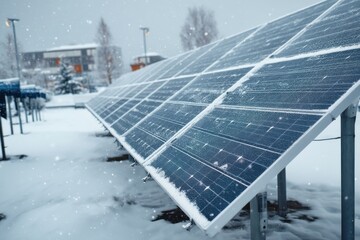 Solar panels covered in snow during winter energy generation