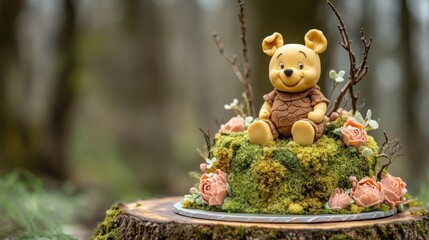 Winnie the Pooh Themed Cake in a Forest Setting