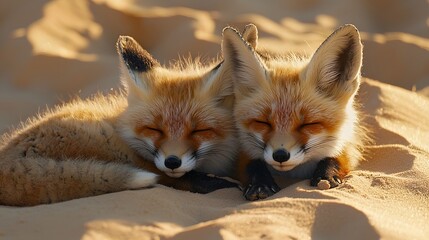Playful desert foxes rolling in the cool sand as the sun sets