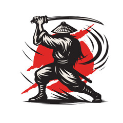 Silhouette of a Ninja Warrior with Katana and Conical Hat against Red Sun