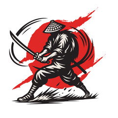 Silhouette of a Ninja Warrior with Katana and Conical Hat against Red Sun