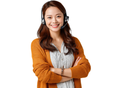 Friendly Asian Support Staff: Smiling asian woman staff, wearing headset with arms crossed, ready to help customer.