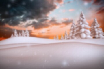 Single large snow-laden evergreen tree is featuring snowflakes and snowdrifts in flat vector design