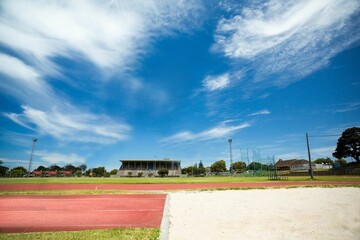 View of running track with long jump
