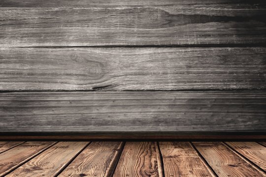 Fototapeta Rustic wooden backdrop showing weathered plank wall and polished plank floor in flat design style