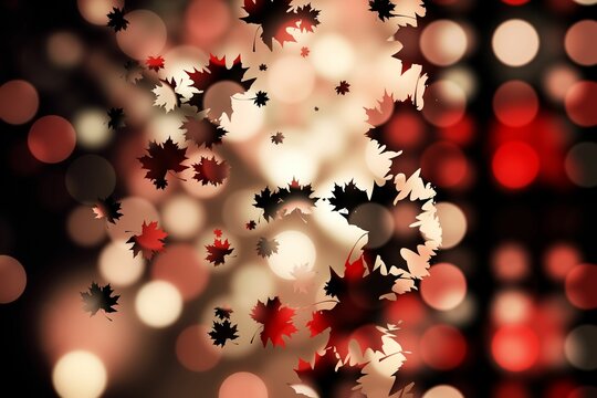 Fototapeta Abstract composition showing red black beige maple leaves scattering over warm bokeh orb backdrop