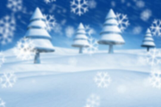 Fototapeta Stylized flat winter scene is featuring cone-shaped trees on snow hills with floating snowflakes