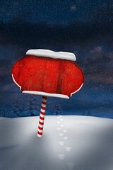 Blank red signboard is standing on candy-cane pole in flat design snowy field with footprints