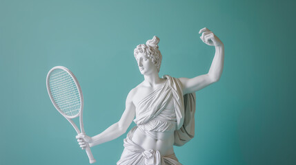 Ancient greek god white sculpture with tennis racket isolated on color background