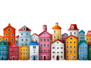 Vibrant Townscape: A colorful row of quaint buildings showcasing various designs, each in its own vibrant color and style, creating a cheerful street scene.