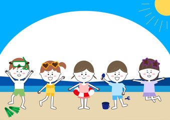 海ではしゃぐ子供たちのイラスト