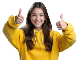 Thumbs Up: A radiant young girl exudes positivity and approval with a double thumbs-up gesture, framed by the simplicity of a clean background. A modern image conveying positive vibes, acceptance.