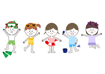 水着ではしゃぐ子供たちのイラスト