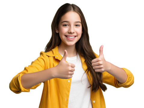 Thumbs Up Confidence: A cheerful teenager radiates optimism, offering a double thumbs-up gesture against a soft background, exuding confidence and a positive attitude.