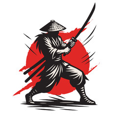 Silhouette of a Ninja Warrior with Katana and Conical Hat against Red Sun