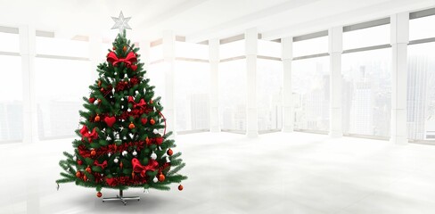 Flat design decorated Christmas tree is standing in showroom with windows, red bows and silver star