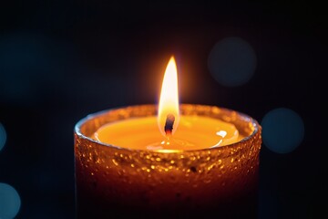 Glowing candle flame in a decorative glass holder casting a warm, inviting light against a softly blurred, dark backdrop.