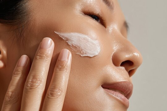 Woman applying cream to face for skin care. Close up of a woman's face and hand. Routine skincare practice.