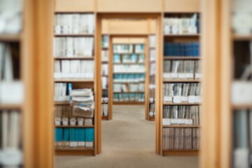 Flat design library aisle is showing wooden shelves under fluorescent lights with books